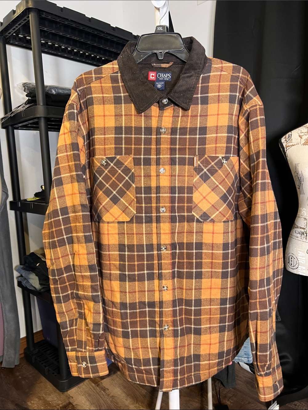 Chaps Men's Brown & Orange Plaid Shirt Jacket with Corduroy Collar